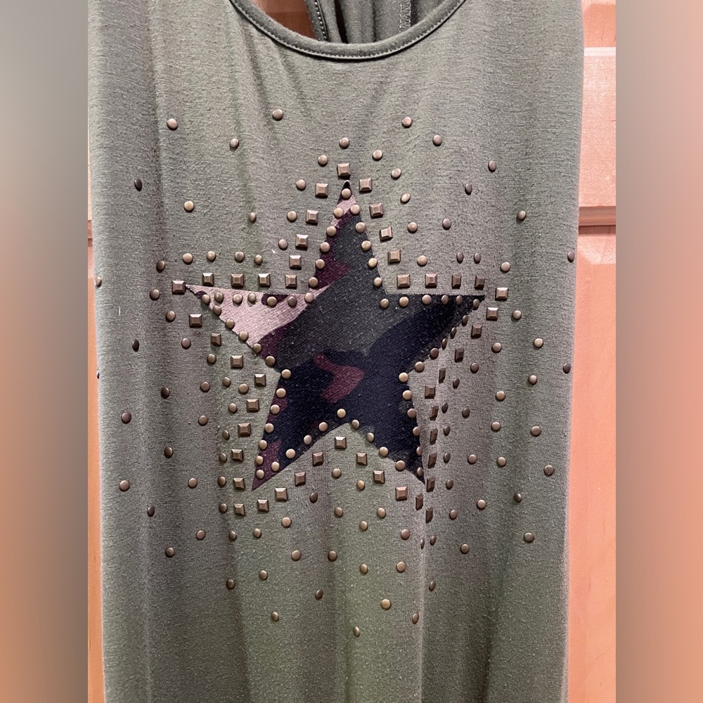 Vintage Olive Green Form Fitting Stretch Racerback Maxi Dress Camo Star Patch M - Picture 3 of 13